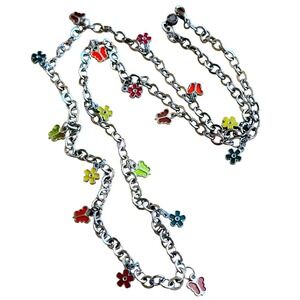 High IntenCity Charm it Necklace Butterfly Flower Pastels Silver Tone Y2K 35"